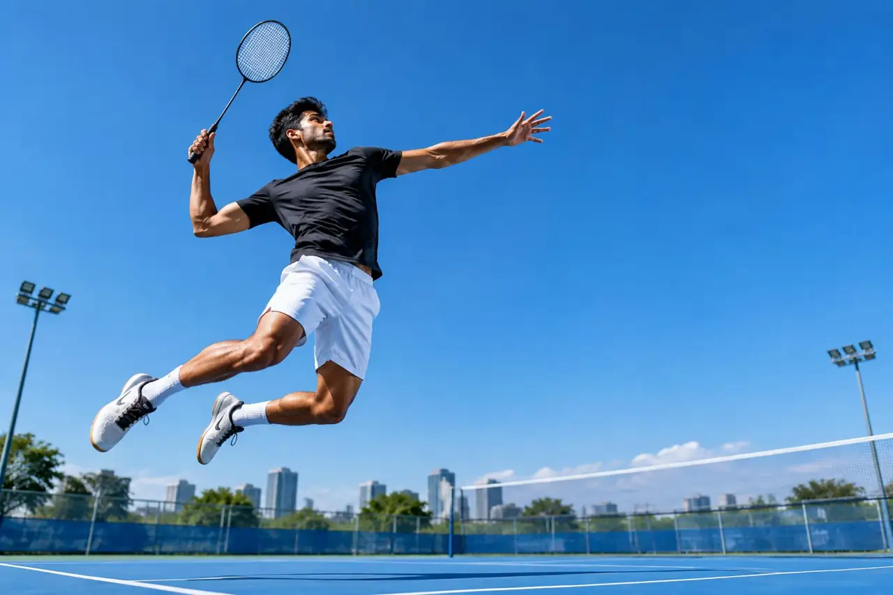 Badminton player leaping for an overhead shot